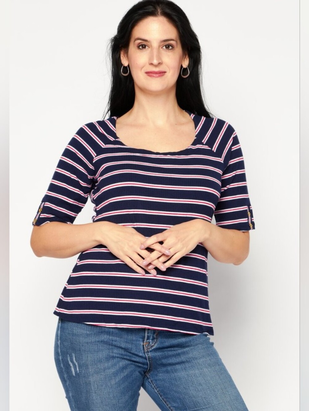 Anne Klein Navy Pink & White Striped Scoop Neck Top